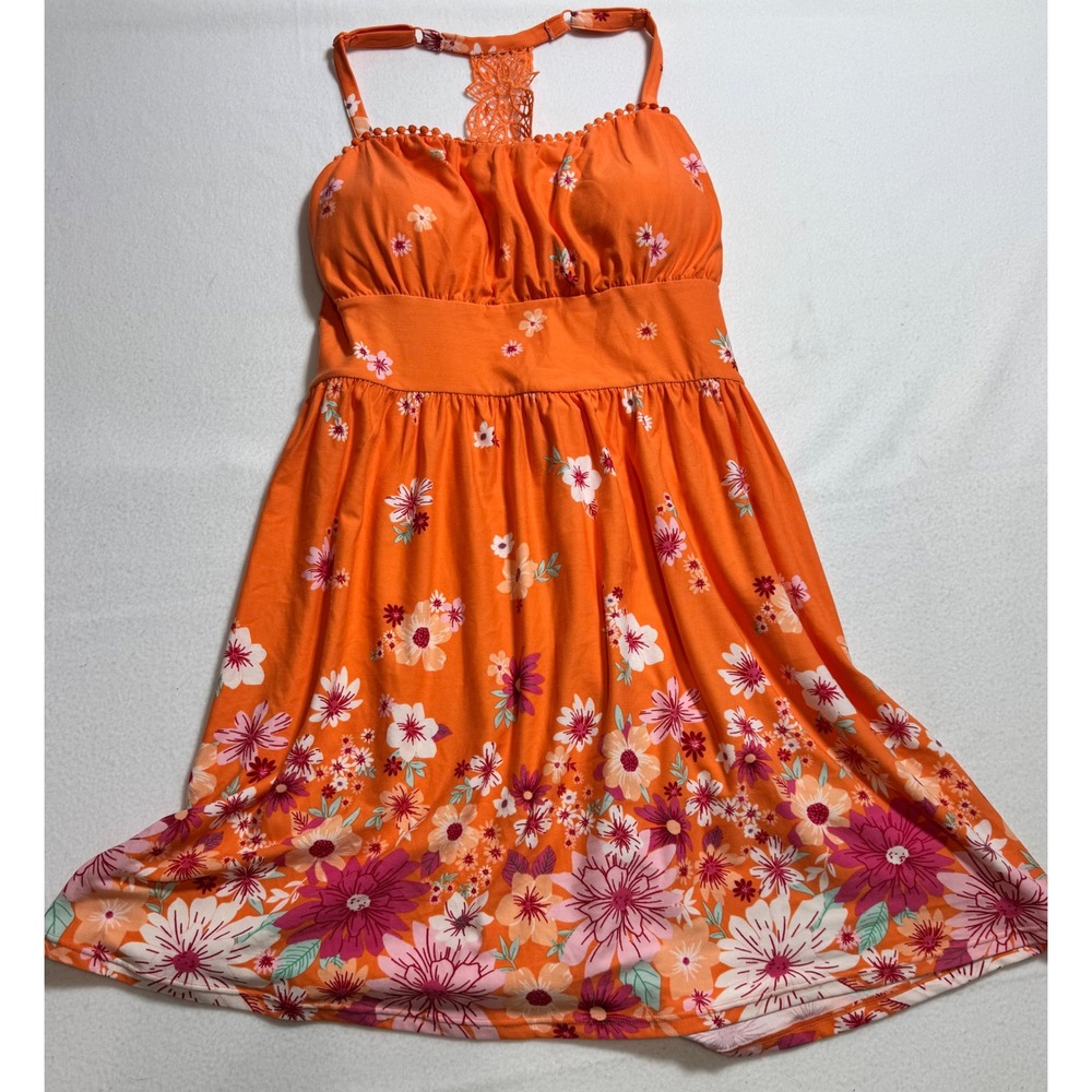 No Boundaries Orange Floral Empire Waist Sun Dress Size L 11-13 Crochet Back